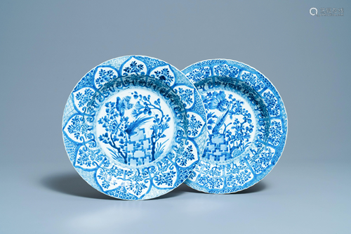 A pair of Chinese blue and white 'pheasant' chargers,