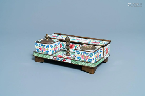 A Chinese Canton enamel inkwell set on stand, Qianlong