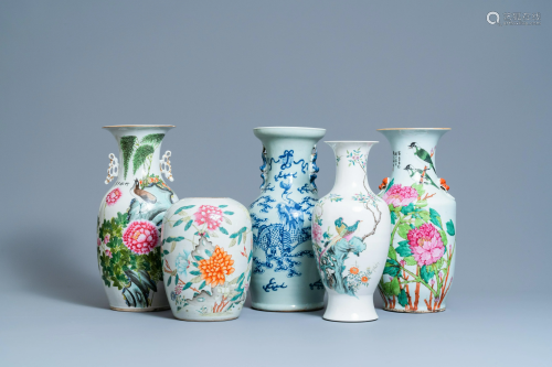 Five Chinese qianjiang cai, famille rose and celadon
