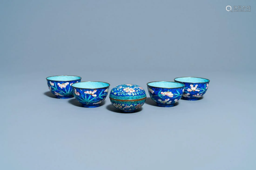 Four Vietnamese Phap Lam Hue enamel bowls and a box and