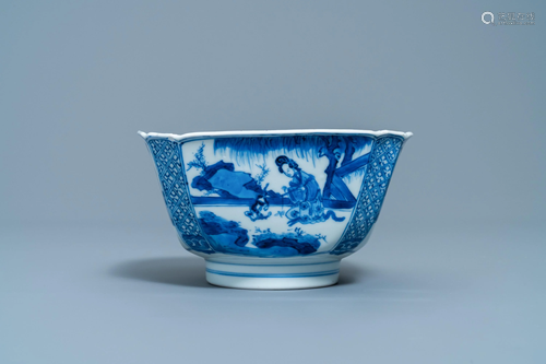 A Chinese blue and white bowl with a lady with cat,