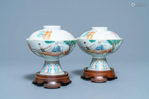 A pair of Chinese famille rose stem bowls and covers,