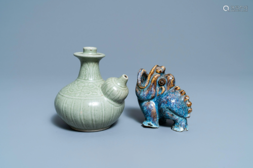 A Chinese celadon-glazed kendi and a Shiwan