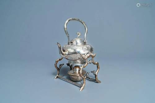 A Chinese silver teapot on stand, Luen Wo, Shanghai,