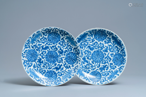 A pair of Chinese blue and white 'lotus scroll'