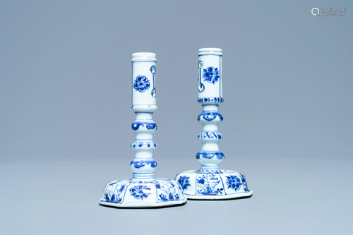 A pair of Chinese blue and white candlesticks, Kangxi