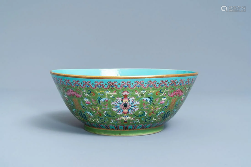 A Chinese green-ground famille rose bowl, Daoguang mark