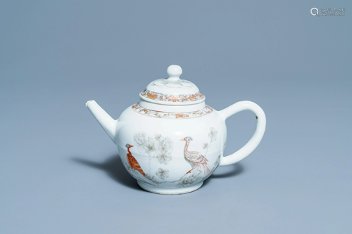 A Chinese grisaille and iron red teapot with fine