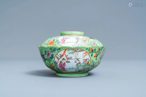 A Chinese green-ground famille rose bowl and cover,