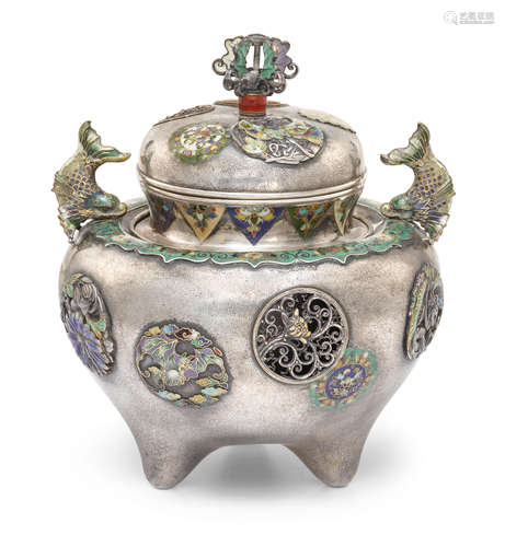 A fine silver and enamel incense burner and cover Meiji era (1868-1912), late 19th century