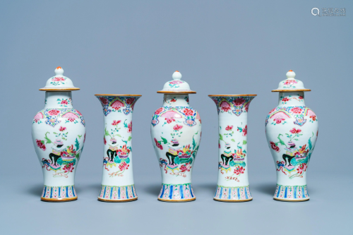 A Chinese famille rose garniture of five vases with