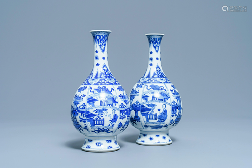 A pair of Chinese blue and white bottle vases, Kangxi