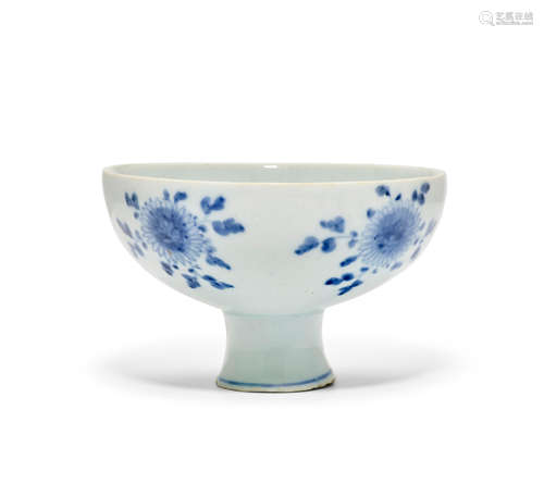 A rare blue and white decorated porcelain tall-footed bowl Joseon dynasty (1392-1897), 19th century