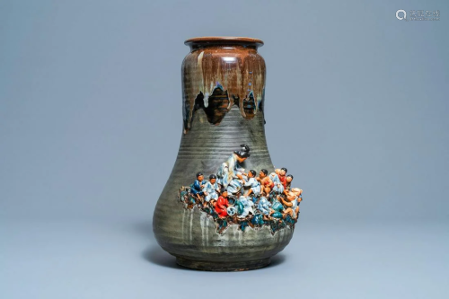 A tall Japanese Sumida Gawa vase with applied design of