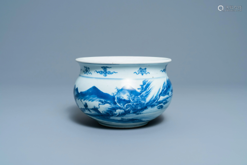 A Chinese blue and white censer with a mountainous