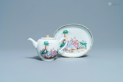 A Chinese famille rose 'romantic subject' teapot on