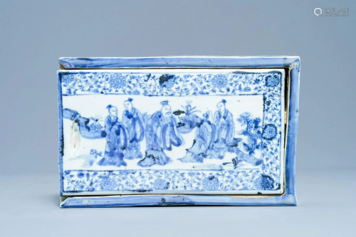 A Japanese blue and white Shoki-Imari rectangular box