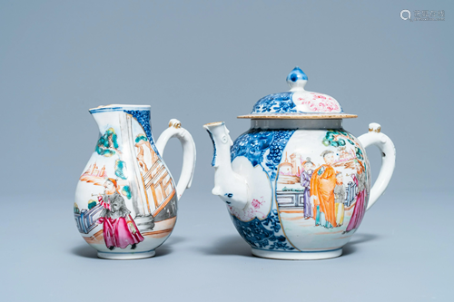 A Chinese famille rose 'Mandarin' teapot and milk jug,