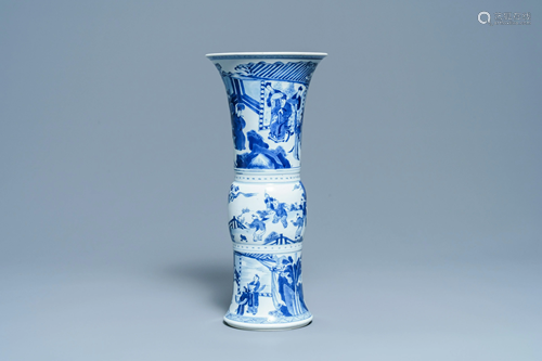 A Chinese blue and white 'gu' vase with figurative