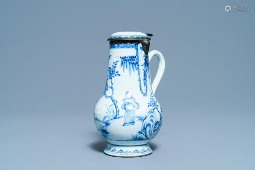 A Chinese blue and white silver-mounted ewer and cover,