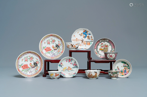 Six Chinese famille rose saucers and five cups, Kangxi