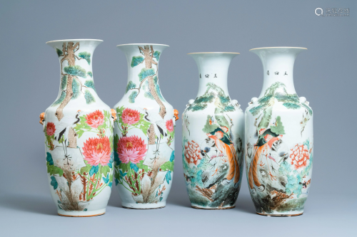 Two pairs of Chinese qianjiang cai vases with birds,