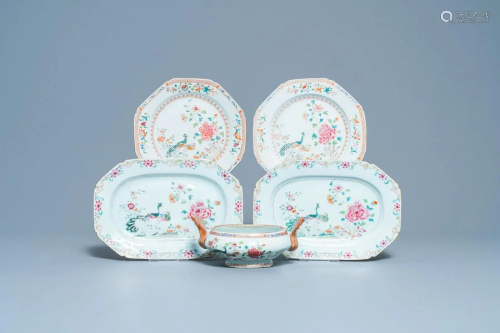Five Chinese famille rose 'double peacock' porcelain