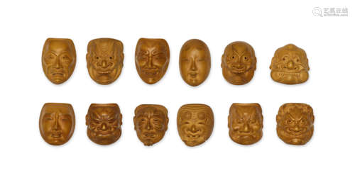 Hara Shugetsu III (died circa 1880) A set of twelve wood mask netsuke Edo period (1615-1868) or Meiji era (1868-1912), 19th century