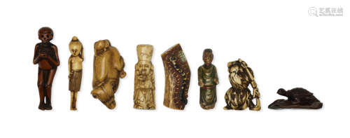 A group of three wood netsuke, a bone netsuke, and four stag-antler netsuke Edo period (1615-1868), 19th century