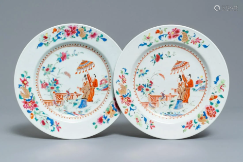 A pair of Chinese famille rose plates after Cornelis