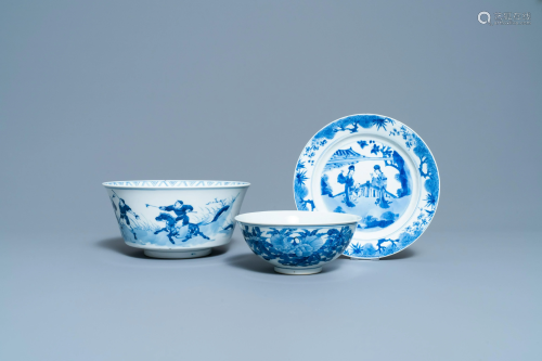 Two Chinese blue and white bowls and a plate, 19th C.