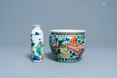 A Chinese wucai rouleau vase and a 'phoenix' censer,