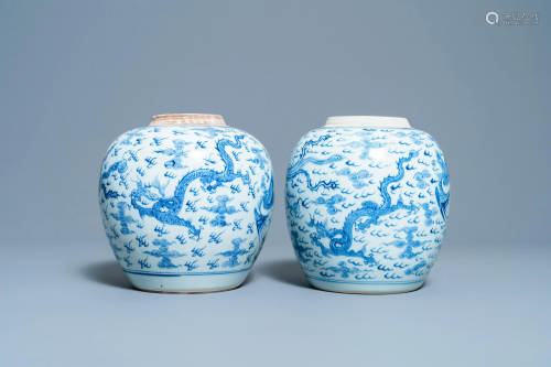 Two Chinese blue and white 'dragon and phoenix' jars,