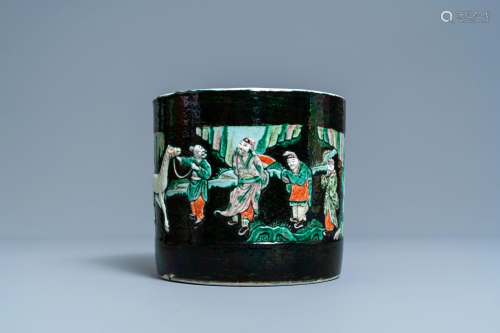 A Chinese famille verte relief-molded scroll pot,