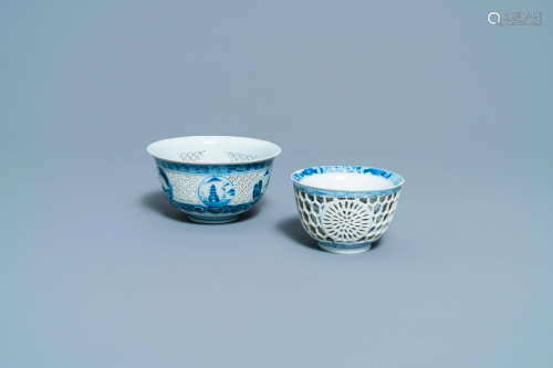 A Chinese blue and white reticulated bowl and a