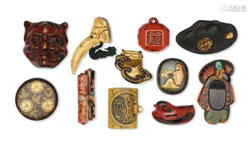 A group of ten lacquered wood and stag-antler netsuke Edo period (1615-1868) and Showa era (1926-1989), 19th and 20th century