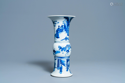 A Chinese blue and white 'gu' vase with figurative