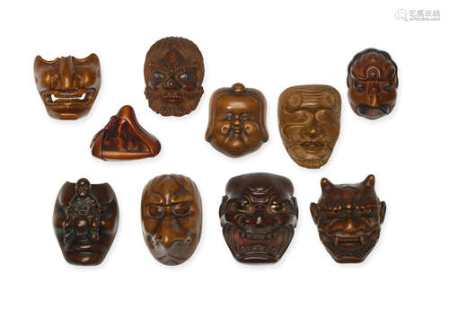 A group of ten wood mask netsuke Edo period (1615-1868) or Meiji era (1868-1912), 19th/20th century