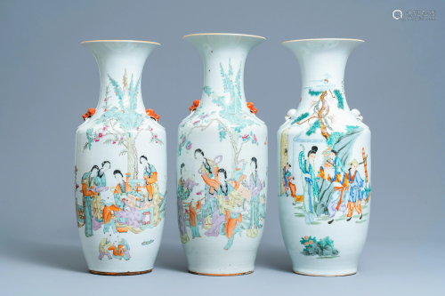 Three Chinese famille rose and qianjiang cai vases,