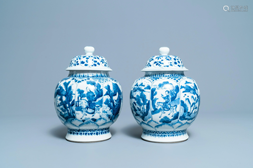 A pair of Chinese blue and white 'hunting scene' jars