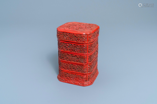 A Chinese red cinnabar lacquer four-tiered box, Wanli