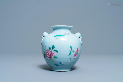 A Chinese famille rose lavender blue-ground vase,