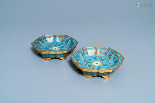 A pair of Chinese cloisonnŽ flower-shaped dishes on