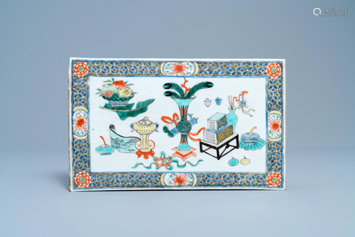 A Chinese famille verte plaque with antiquities, Kangxi