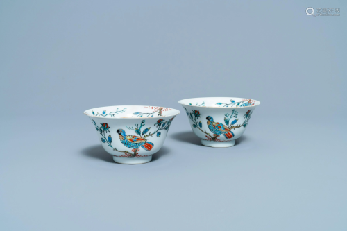 A pair of Chinese Dutch-decorated 'parrot' bowls,