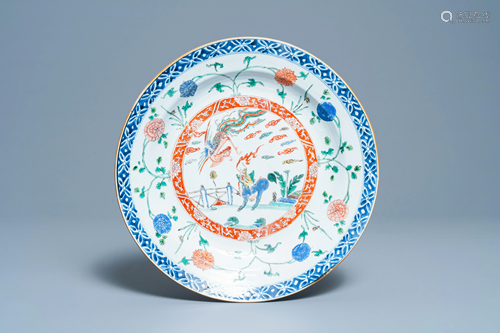 A Chinese famille verte 'qilin and phoenix' dish,