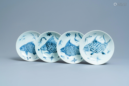 Four Chinese blue and white 'carps and shrimps' dishes,