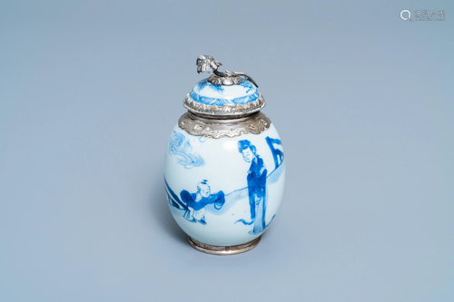 A Chinese blue and white tea caddy with Dutch silver