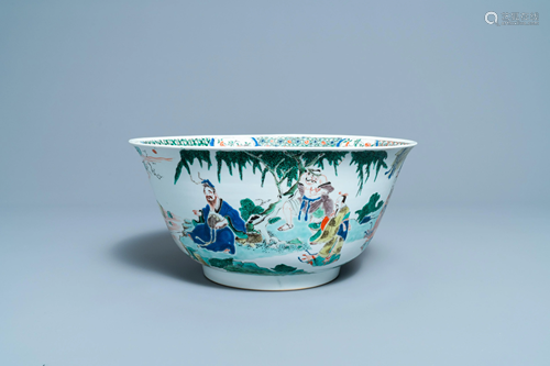 A large Chinese famille verte bowl with figurative