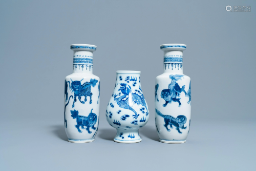 A pair of Chinese blue and white 'mythical beasts'